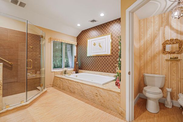 Bathroom, Glass Shower, Interior, Recessed Lighting, Wood Texture Flooring