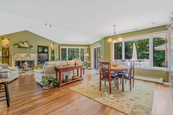 Dining room, Fireplace, Interior, Living room, Pendant Lights, Wood Texture Flooring