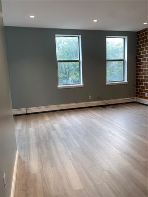 Empty room, Interior, Recessed Lighting, Stone Walls, Wood Texture Flooring