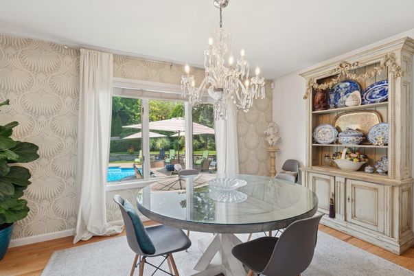 Chandelier, Dining room, Interior, Wood Texture Flooring