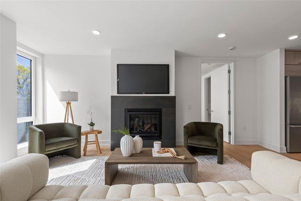 Fireplace, Interior, Living room, Recessed Lighting, Wood Texture Flooring