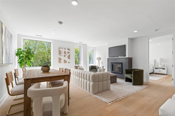 Dining room, Fireplace, Interior, Living room, Recessed Lighting, Wood Texture Flooring