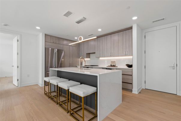 Interior, Kitchen, Pendant Lights, Recessed Lighting, Stainless Steel Appliances, Wood Texture Flooring
