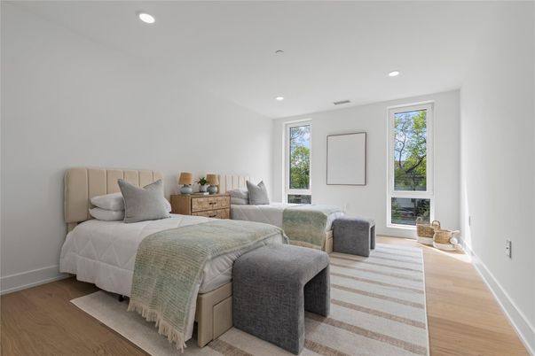 Bedroom, Fireplace, Interior, Recessed Lighting, Wood Texture Flooring