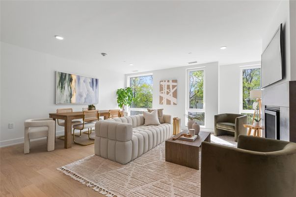 Dining room, Interior, Living room, Recessed Lighting, Wood Texture Flooring