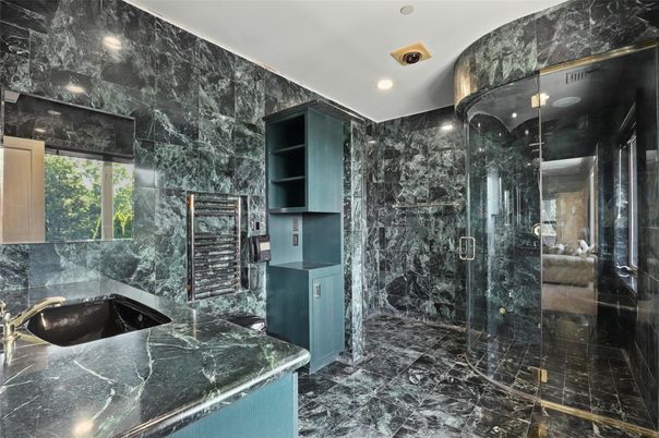 Bathroom, Glass Shower, Interior, Marble, Marble Walls, Recessed Lighting