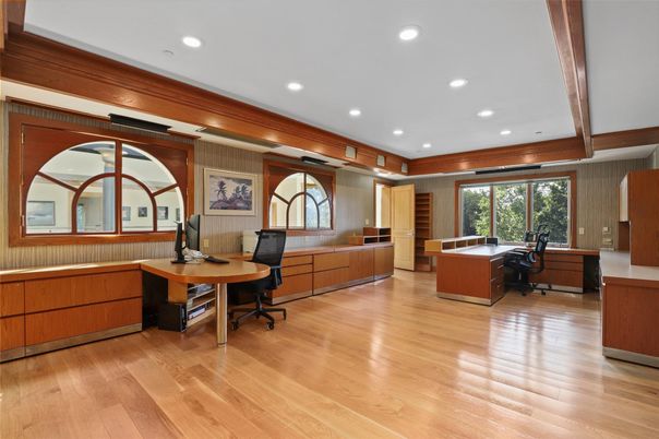 Home Office, Interior, Recessed Lighting, Wood Texture Flooring, Wooden Walls