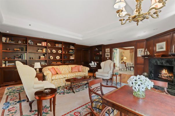 Chandelier, Dining room, Fireplace, Interior, Living room, Recessed Lighting, Wooden Walls