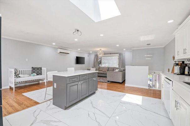 Interior, Kitchen, Living room, Marble, Pendant Lights, Recessed Lighting, Wood Texture Flooring