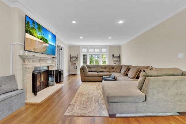 Fireplace, Interior, Living room, Recessed Lighting, Wood Texture Flooring