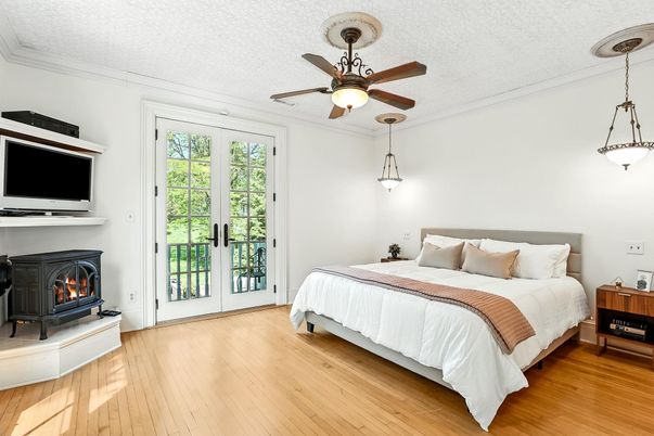 Bedroom, Fireplace, Interior, Pendant Lights, Wood Texture Flooring