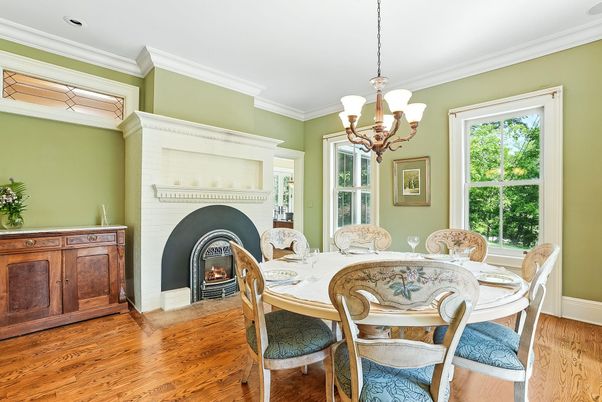 Chandelier, Dining room, Fireplace, Interior, Recessed Lighting, Wood Texture Flooring