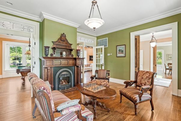 Fireplace, Interior, Pendant Lights, Piano, Wood Texture Flooring
