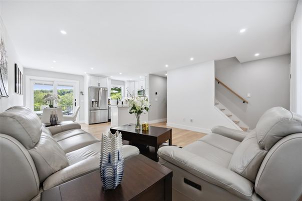 Interior, Kitchen, Living room, Recessed Lighting, Wood Texture Flooring