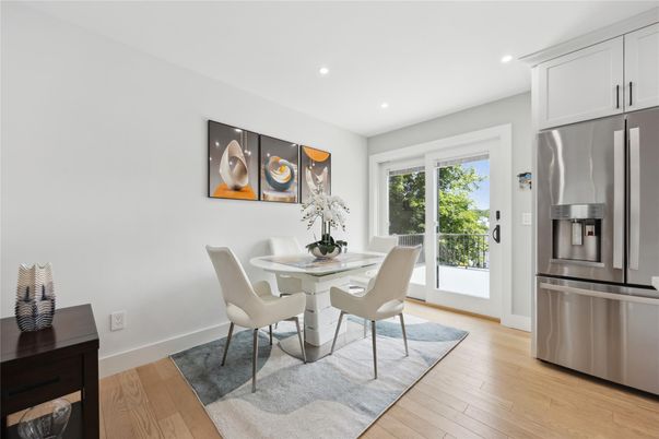 Dining room, Interior, Kitchen, Recessed Lighting, Stainless Steel Appliances, Wood Texture Flooring