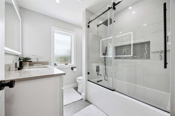 Bathroom, Glass Shower, Interior, Marble Walls, Recessed Lighting