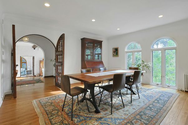 Dining room, Interior, Recessed Lighting, Wood Texture Flooring