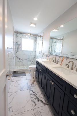 Bathroom, Dual Sink Vanities, Interior, Marble, Marble Walls, Recessed Lighting