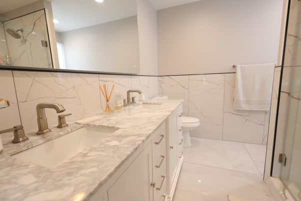 Bathroom, Dual Sink Vanities, Interior, Marble Walls, Recessed Lighting