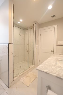 Bathroom, Glass Shower, Interior, Marble, Marble Walls, Recessed Lighting