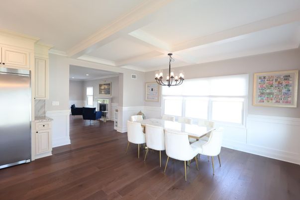 Chandelier, Dining room, Fireplace, Interior, Living room, Recessed Lighting, Wood Texture Flooring