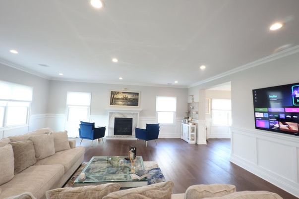 Fireplace, Interior, Living room, Recessed Lighting, Wood Texture Flooring