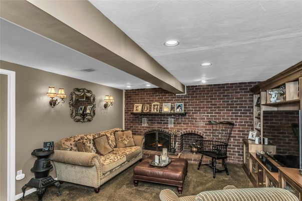 Fireplace, Interior, Living room, Recessed Lighting, Stone Walls