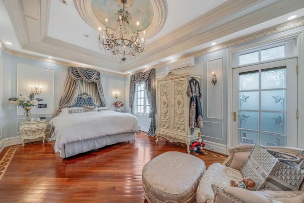 Bedroom, Chandelier, Interior, Recessed Lighting, Wood Texture Flooring