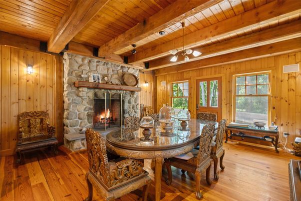 Dining room, Fireplace, Interior, Wooden Beams, Wooden Ceilings, Wood Texture Flooring, Wooden Walls