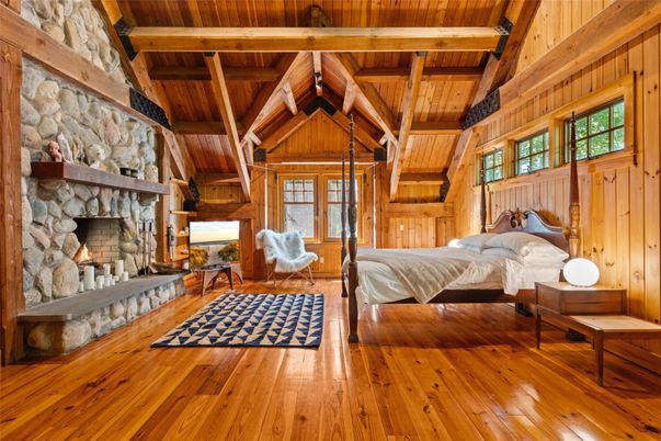 Bedroom, Fireplace, Interior, Stone Walls, Wooden Beams, Wooden Ceilings, Wood Texture Flooring, Wooden Walls