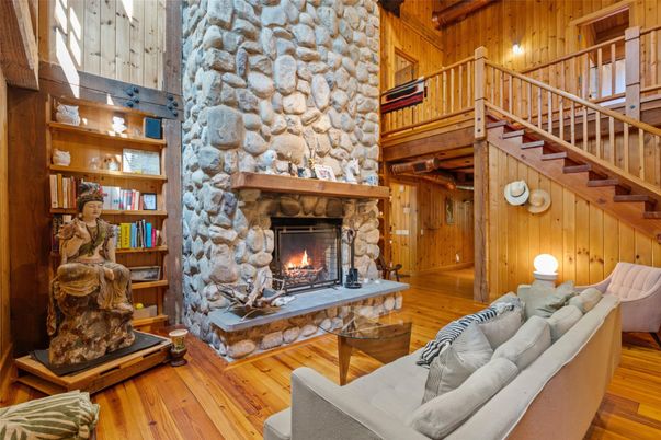 Fireplace, Interior, Living room, Stone Walls, Wood Texture Flooring, Wooden Walls