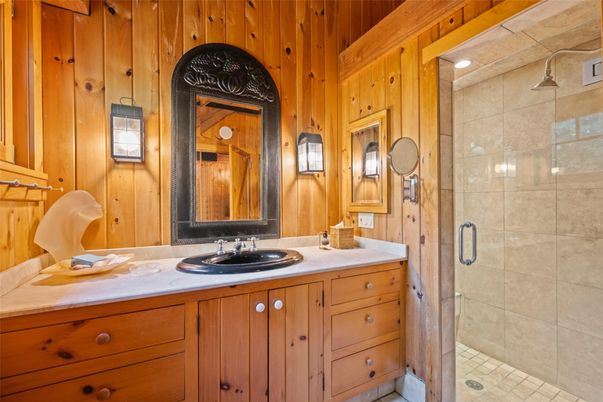 Bathroom, Dual Sink Vanities, Glass Shower, Interior, Wooden Walls