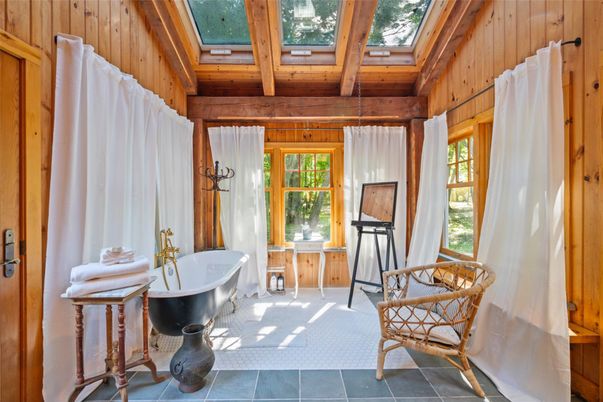 Bathroom, Free Standing Baths, Glass Ceilings, Interior, Wooden Beams, Wooden Ceilings, Wooden Walls