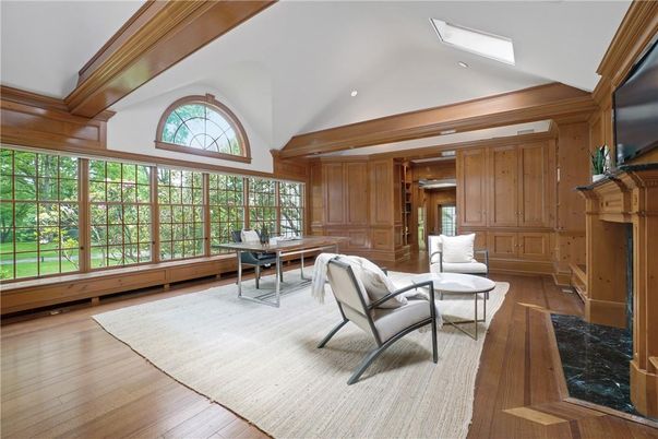 Fireplace, Home Office, Interior, Recessed Lighting, Wood Texture Flooring, Wooden Walls
