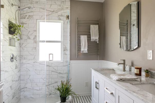 Bathroom, Glass Shower, Interior, Marble Walls