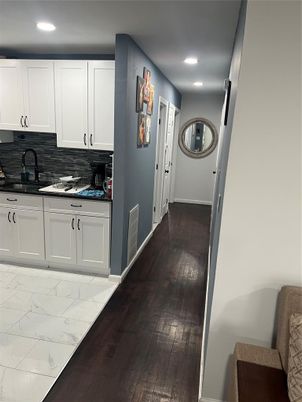 Interior, Kitchen, Marble, Recessed Lighting, Wood Texture Flooring