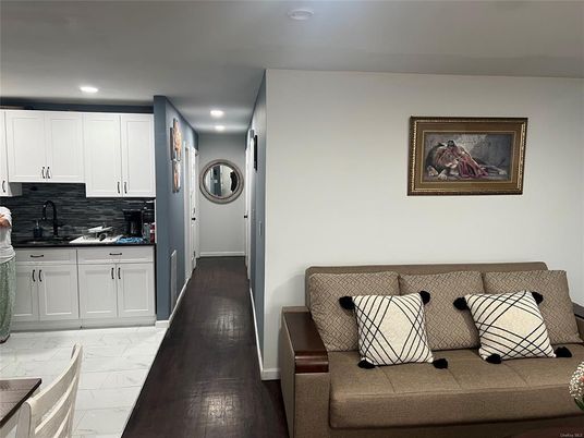 Interior, Kitchen, Marble, Recessed Lighting, Washer, Wood Texture Flooring