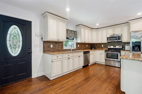 Interior, Kitchen, Recessed Lighting, Stainless Steel Appliances, Wood Texture Flooring