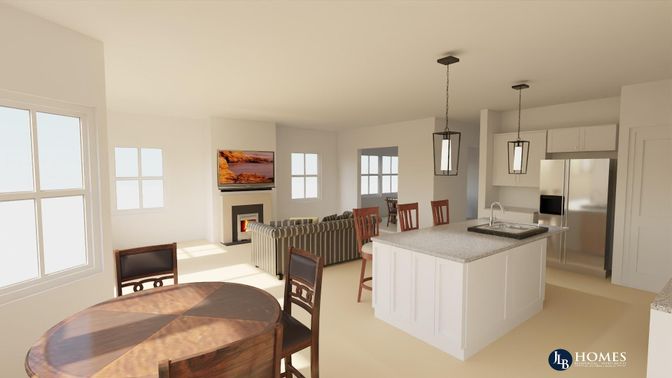 Dining room, Fireplace, Interior, Kitchen, Pendant Lights, Stainless Steel Appliances