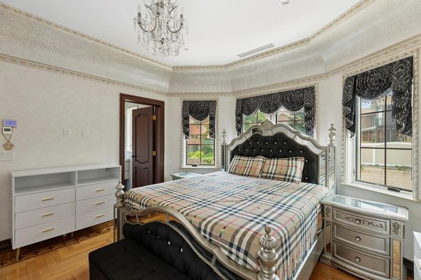Bedroom, Chandelier, Interior, Wood Texture Flooring