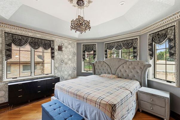 Bedroom, Interior, Pendant Lights, Recessed Lighting, Wood Texture Flooring