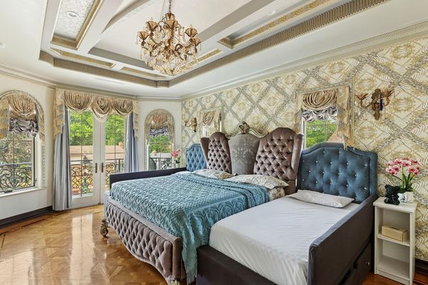 Bedroom, Chandelier, Interior, Wood Texture Flooring