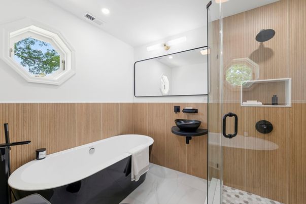 Bathroom, Free Standing Baths, Glass Shower, Interior, Marble, Recessed Lighting, Wooden Walls