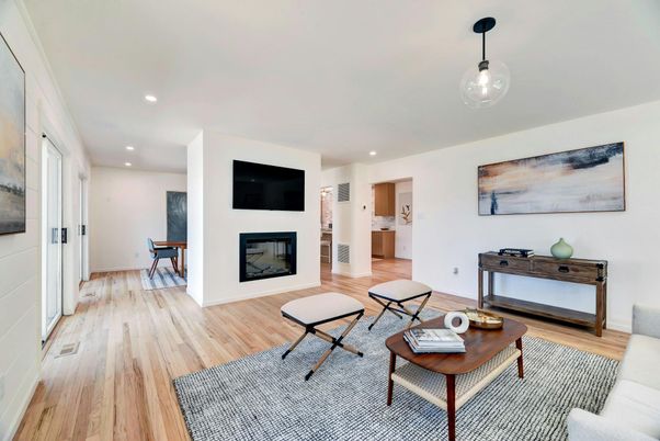 Fireplace, Interior, Living room, Pendant Lights, Recessed Lighting, Wood Texture Flooring