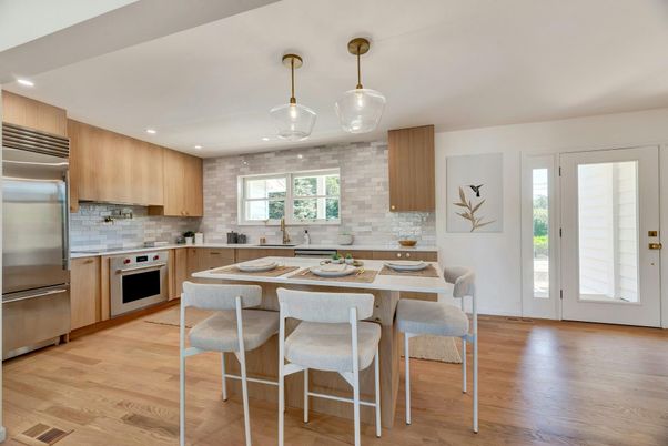Interior, Kitchen, Pendant Lights, Recessed Lighting, Stainless Steel Appliances, Stone Walls, Wood Texture Flooring