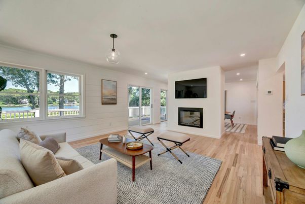 Fireplace, Interior, Living room, Recessed Lighting, Wood Texture Flooring