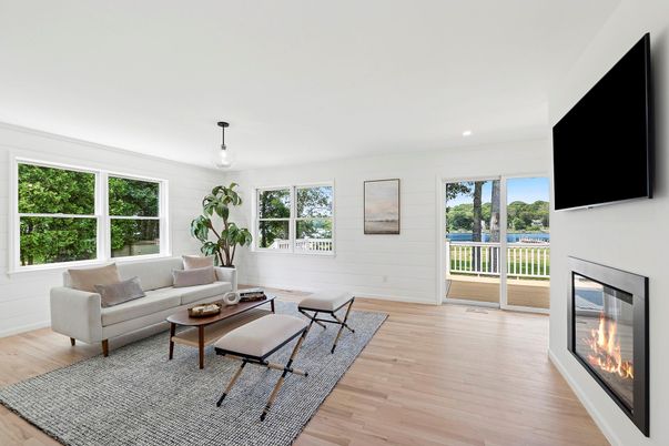 Fireplace, Interior, Living room, Pendant Lights, Recessed Lighting, Wood Texture Flooring