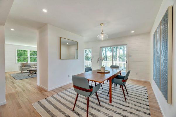 Dining room, Interior, Recessed Lighting, Wood Texture Flooring