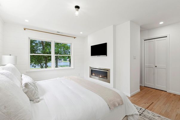 Bedroom, Fireplace, Interior, Recessed Lighting, Wood Texture Flooring