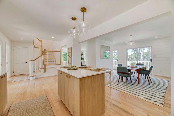 Dining room, Interior, Pendant Lights, Recessed Lighting, Wood Texture Flooring